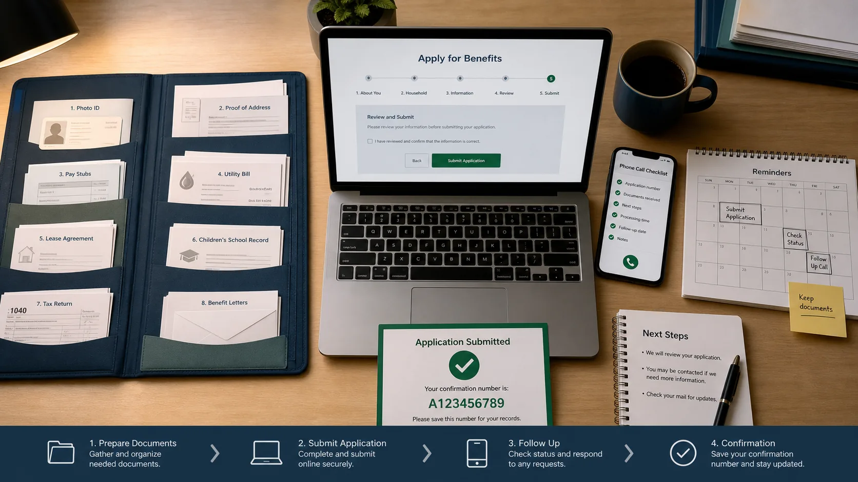 Checklist of identification, income records, utility bill, lease, household details, and application confirmation number