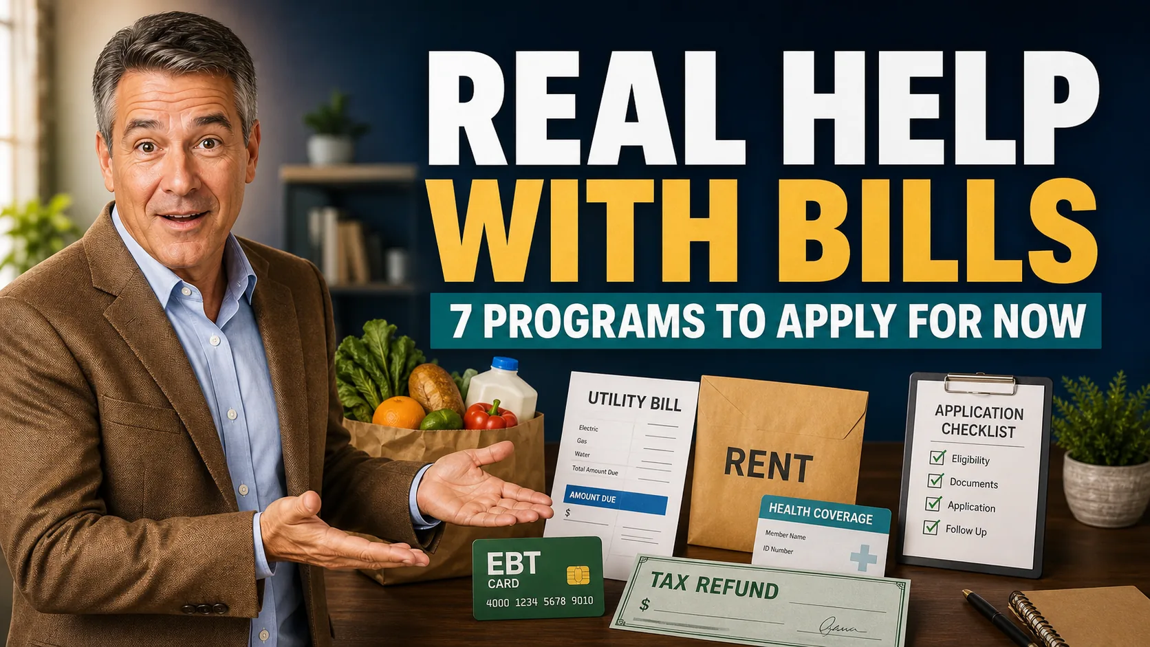 Older male guide pointing toward the words Real Help With Bills and seven programs to apply for now