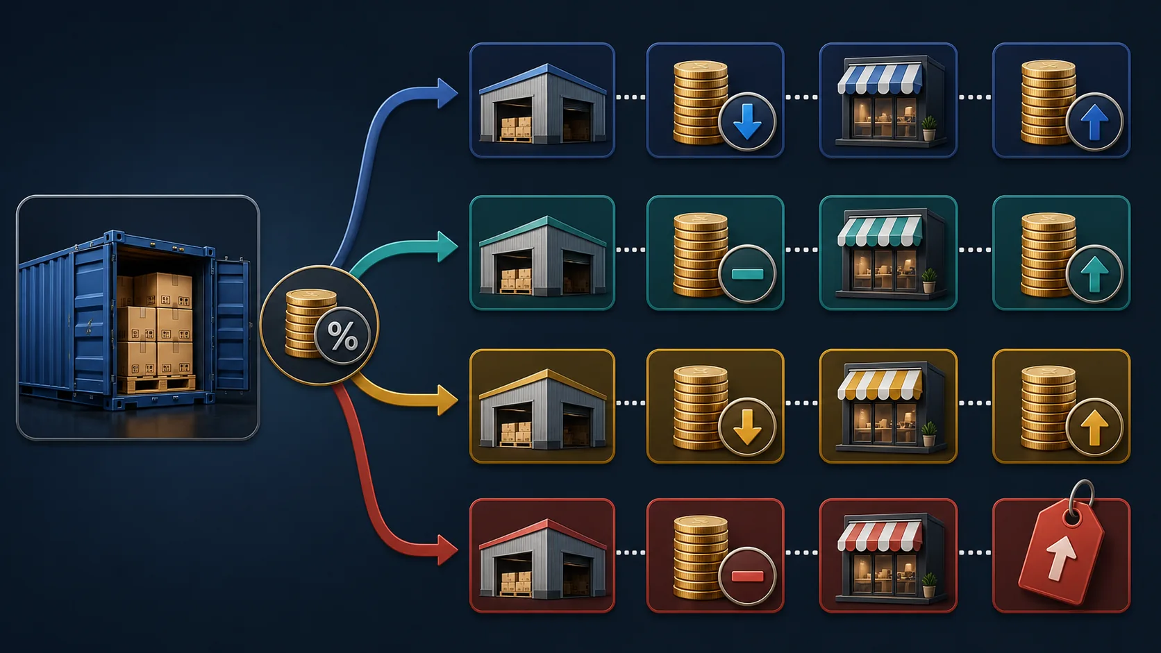 Supply-chain diagram showing tariff costs divided among foreign suppliers, U.S. importers, retailers and shoppers