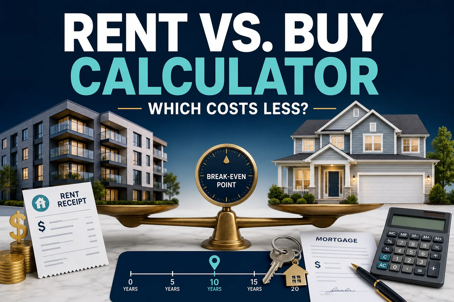 Rent versus Buy Calculator comparing an apartment, a house, mortgage costs and the break-even point