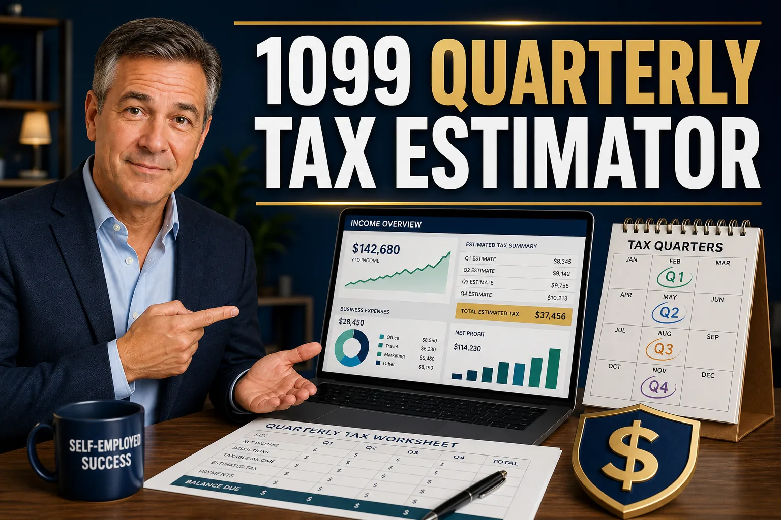 Daniel presents a 2026 1099 quarterly tax estimator with four payment dates and a freelancer income dashboard