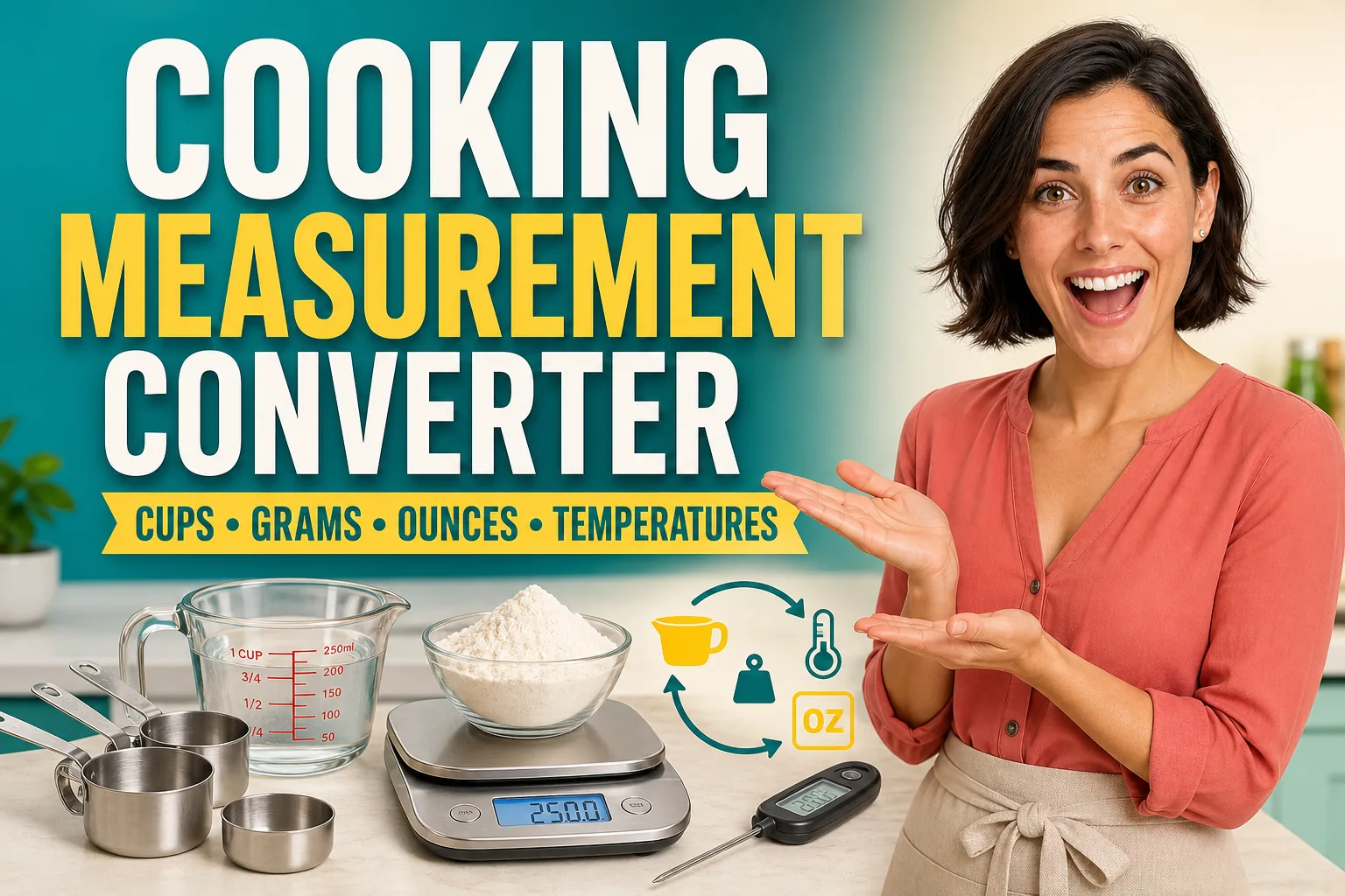 Maya presents the Cooking Measurement Converter with measuring cups, a kitchen scale, and a food thermometer