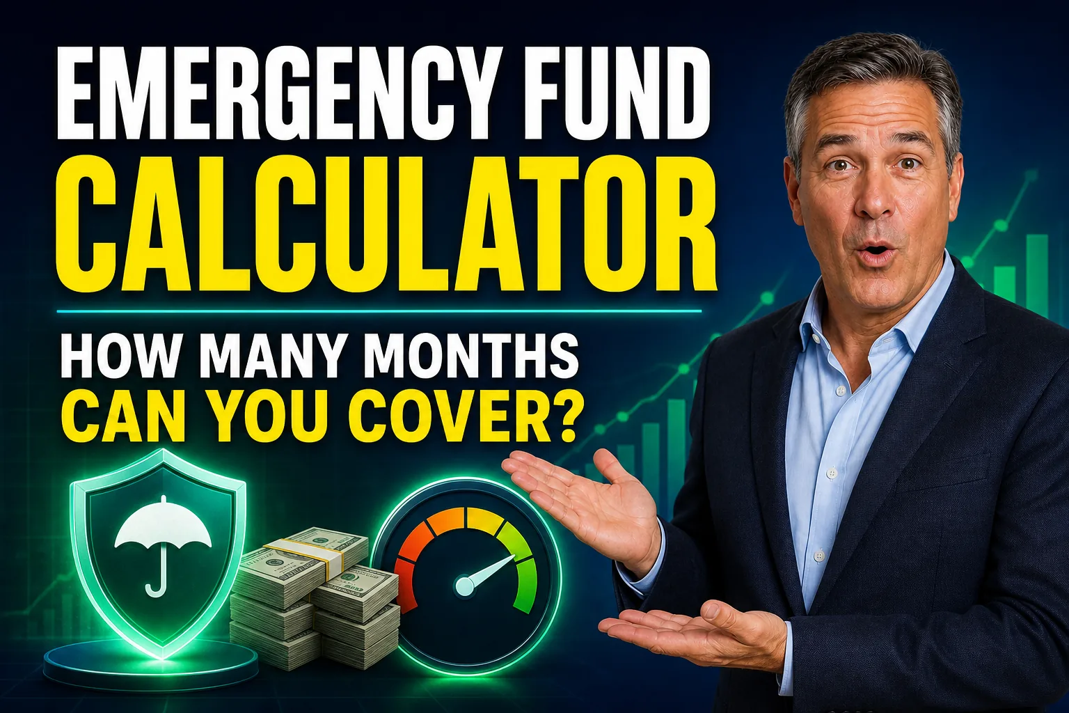 Daniel presents the Emergency Fund Calculator with a savings shield, cash, and months-of-expenses gauge